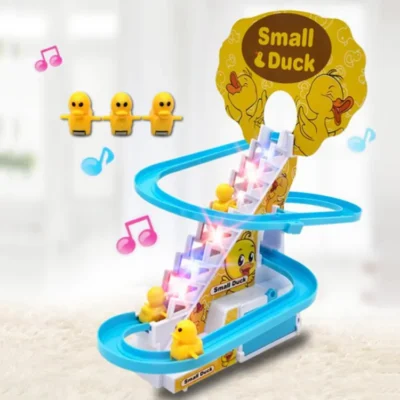 Duck Slide Toy Set Small Duck Climbing Stairs Toy Electric Ducks Chasing Race Track Game Set, Playful Roller Coaster Toy with 3 Duck LED Flashing Lights & Music Button, Fun Duck Stair Climbing Toy for Toddlers and Kids