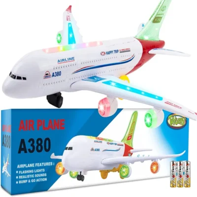 Airplane A380 Toys for Kids, Bump and Go Action, Toddler Toy Plane with LED Flashing