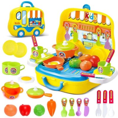 Plastic Kitchen Cooking Pretend Play Set Suitcase Toy, Gift for Boys Girls 3-8 Years Old Kids Great Gift (Kitchen Suitcase Toy) (Yellow Kitchen Set Toy in Rolling Van Model)